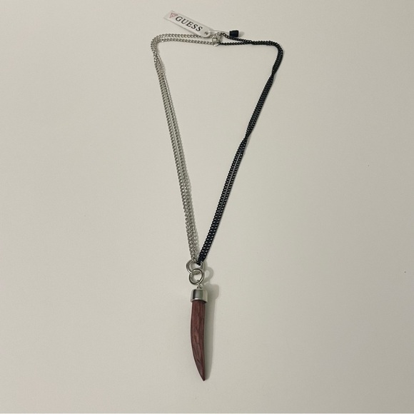 Guess Two Tone Chain Wood Look Horn Necklace - Picture 11 of 16